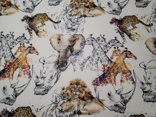 Printed Velour Velvet Upholstery Fabric 355g/m2 African Animals on White - Picture 3 of 3