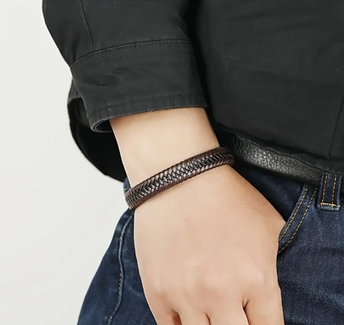 Mens Braided Wristband PU Leather Bracelet Bangle Wrap Size 22cm/8.6"Brown Black - Picture 3 of 3