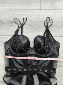 Ann Summers Black Wet Look & Sheer Mesh Strappy Stars Corset Top Size Mdm 10-12