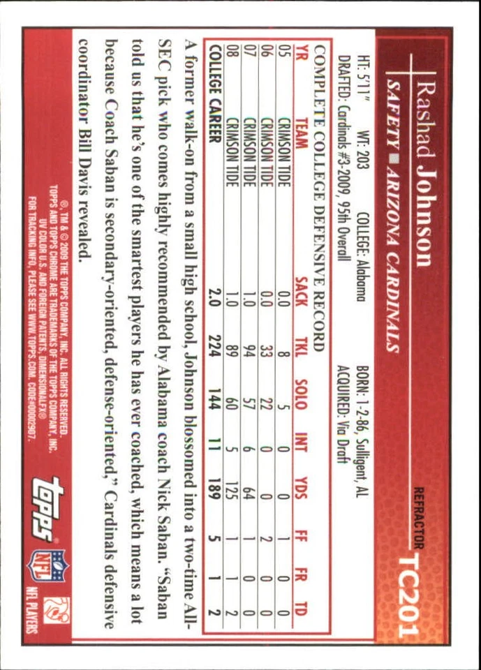 2009 Topps Chrome #TC201 Rashad Johnson Rookie Card RC - Image 2 of 2