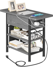 Grey End Table with Charging Station, USB Ports, and Storage Hooks