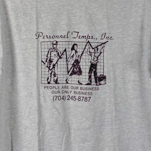 Gray vintage Hanes Beefy-T personnel temps Inc. T-shirt XL with black line art of three people in front of a grid.