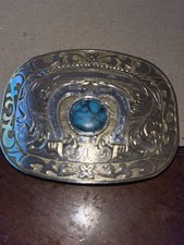 Vintage Wester Cowboy Style Belt Buckle Double Horseshoe Turquoise Silver