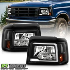 For 1992-1996 Ford Bronco F150 F250 F350 Black LED Tube Headlights Headlamps Set