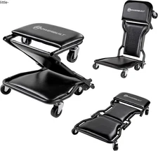 Powerbuilt 42-Inch Triplex Folding Creeper, Rolling Seat, and Brake Stool, Black