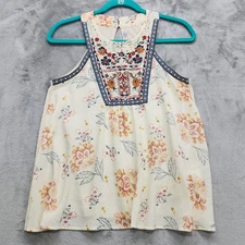 JOLT Top Womens S Cream Floral Crochet Embroidered Trim Sleeveless Halter Tank