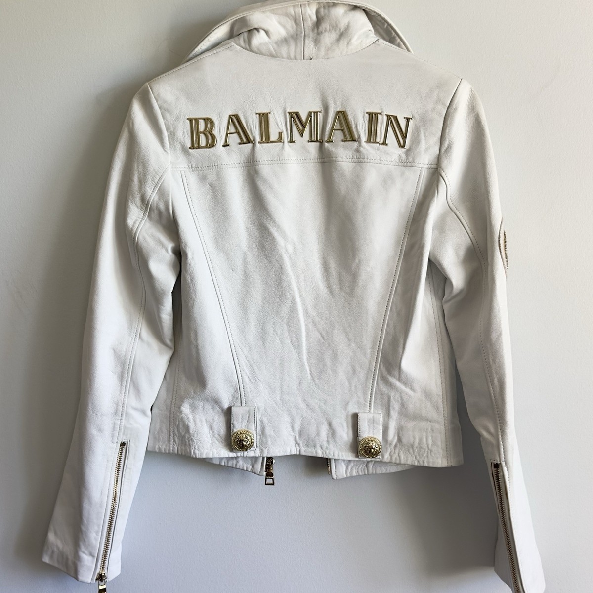 Balmain Women's White Leather Jacket Gold Buttons Silk Lining
