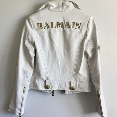 BALMAIN PARIS 羊革 白系 ジャケット ライダース Balmain Women's White Leather Jacket Gold Buttons Silk Lining