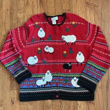 Vintage Susan Bristol Cardigan Sweater Red Floral Sheep Embroidered Size L