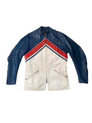 Vintage rare Blue White And Red Bates100% Leather motorcycle Jacket Size 40 