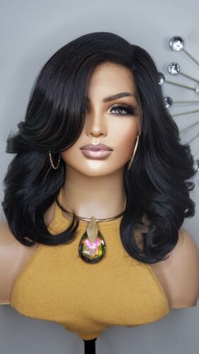 New Short Black Curly Bob Style Natural Lace Front Wig Women Hair Side Bang Wig