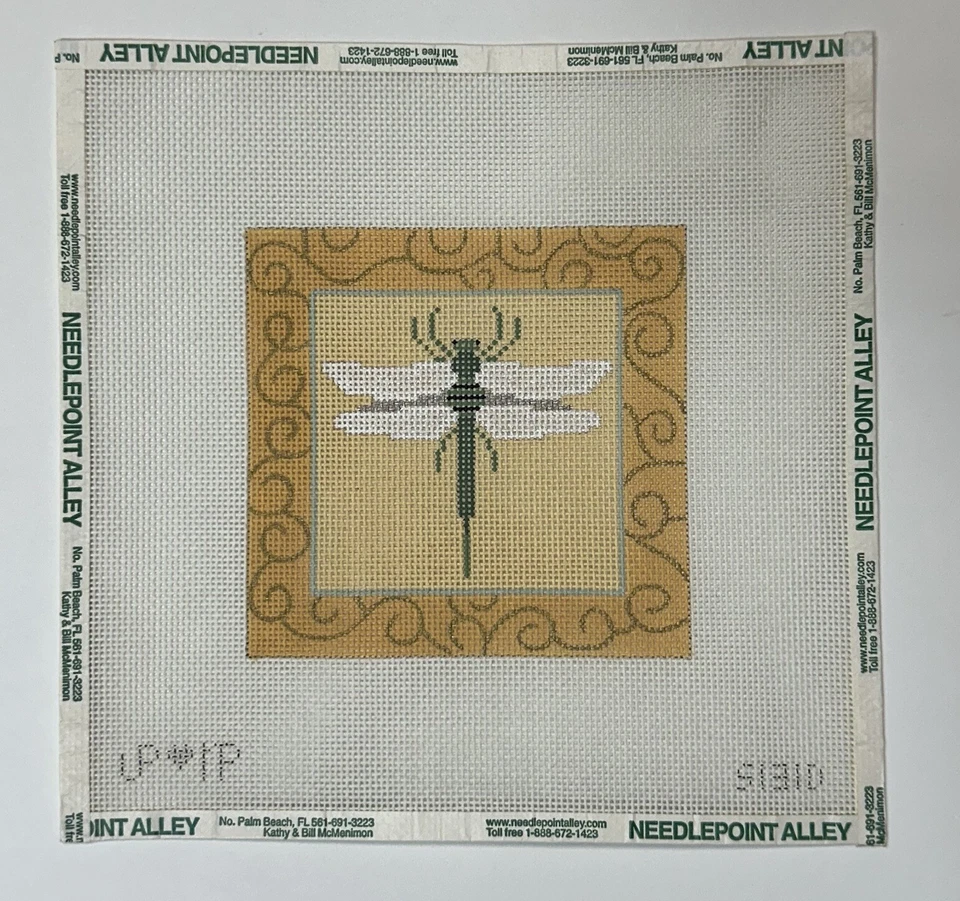 Green Dragonfly with Yellow Border Handpainted Needlepoint Canvas JP Designs - Image 2 of 4