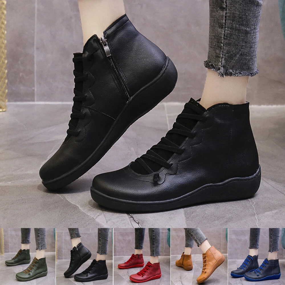 Womens Boots No Heel Lace up Fashion Autumn Winter Women Ankle Boots Round  Toe | eBay