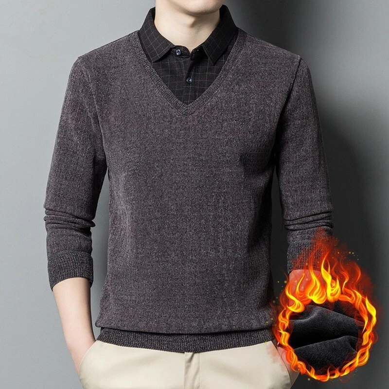Men Winter Thermal Knitting Sweater Shirt Collar Fake two Piece Pullover Sweatre