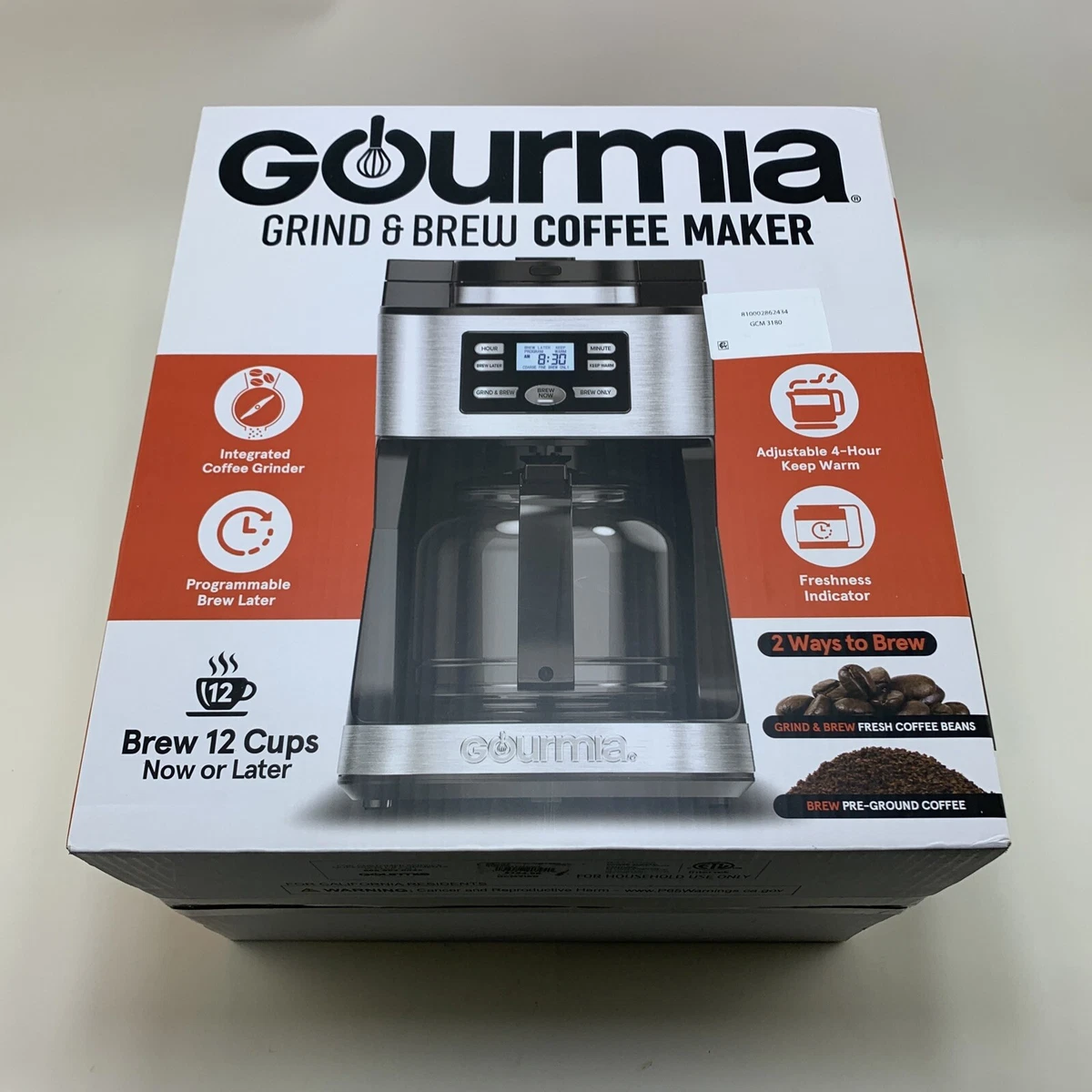 Coffee Machine, Gourmia GCM3180 Programmable 12-Cup Grind & Brew Coffee  Maker with Adjustable 4-Hour Keep-Warm and Freshness Indicator