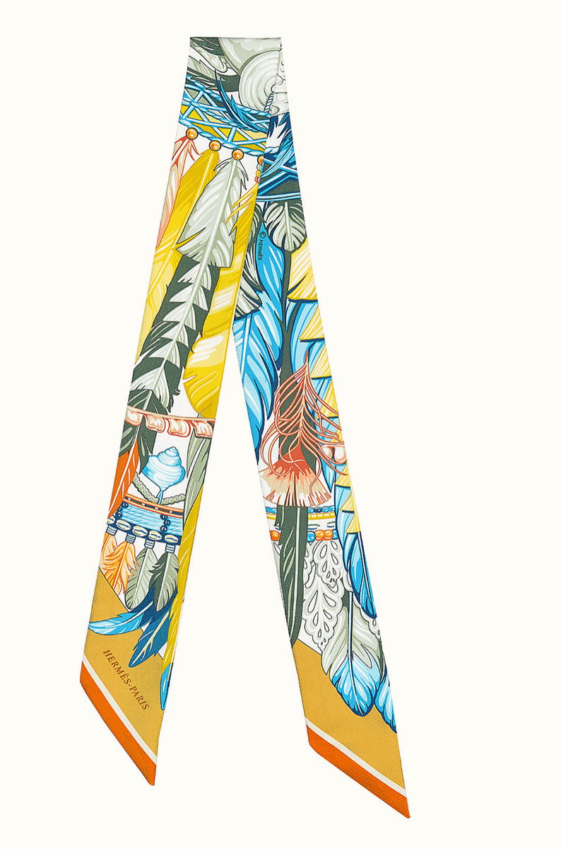 エルメス ツイリー danse pacifique Hermes Twilly Danse Pacifique - Jaune D'or /Kaki/Orange 100