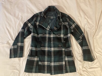 Jou Jou Women MEDIUM Green Plaid Wool Polyester Coat Jacket (No Belt  Included)