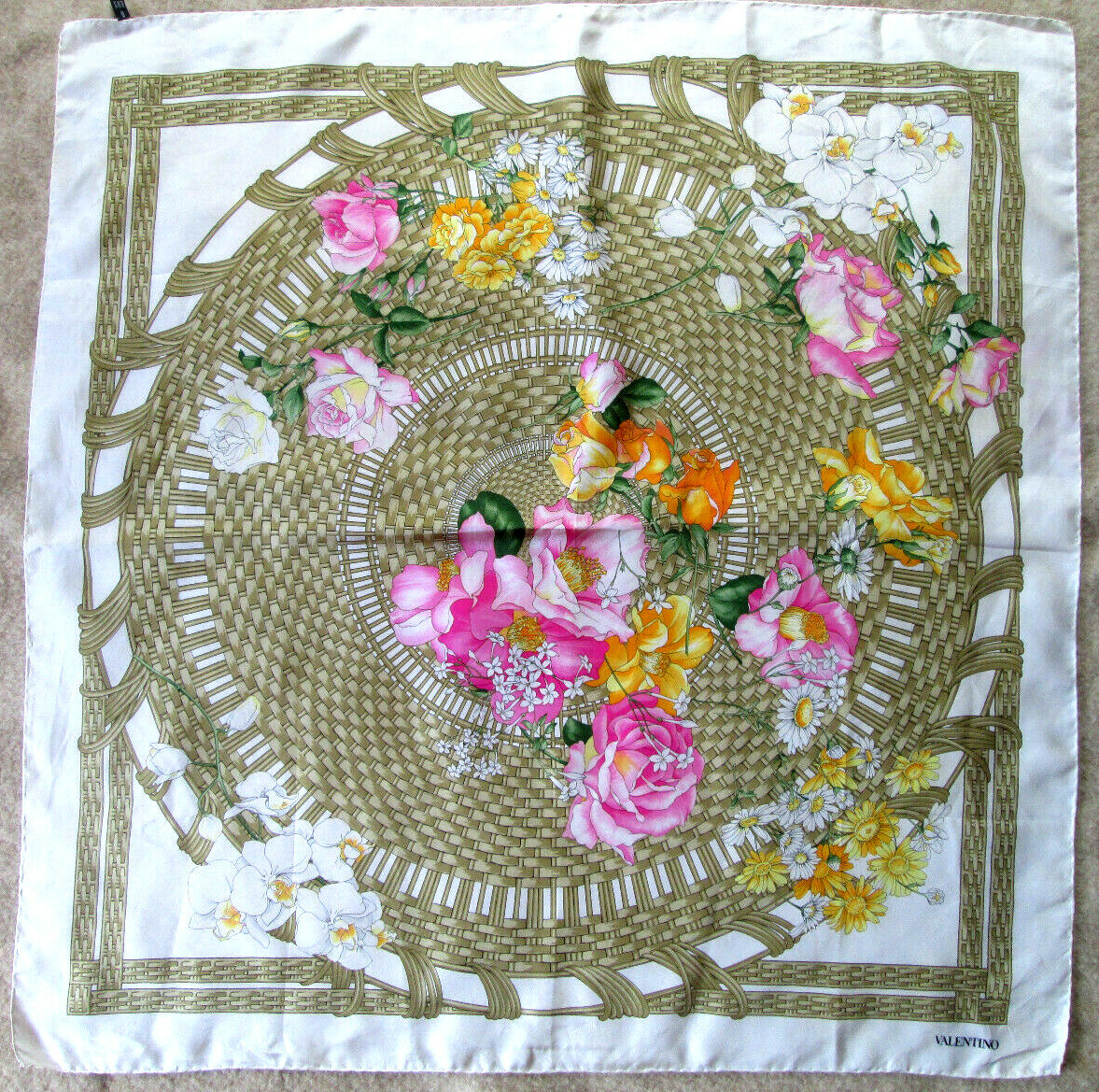 Foulard Carré En Soie 100% Vintage - Dimensions 85x87 Cm, Couleur Gris, Occasion
