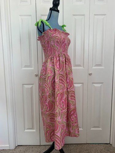 Handmade Ribbon Strap Paisley Pink Lime Green Shirred Midi Summer Dress 32" - Picture 2 of 5