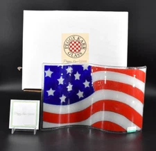 Peggy Karr Fused Art Glass American Flag Wave #FA14W 3D Décor Sculpture 14"