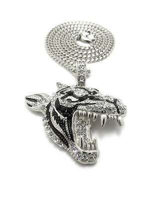 Hip Hop Iced White Gold PT TIGER Pendant & 24