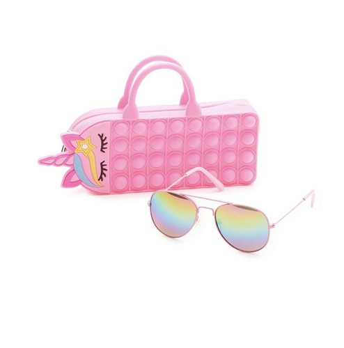 Stylish Girls Aviator rainbow tint Sunglasses And Pop Pink Unicorn Case Set NEW - Picture 2 of 8