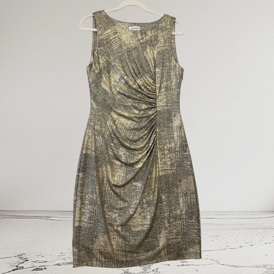 Vestido Feminino Calvin Klein Dourado Multi Ruched Tamanho 8 Artístico Outono Férias Chique - Imagem 2 de 4