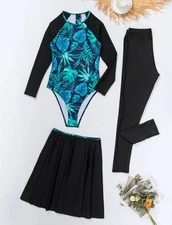 Modest Swimwear Swimsuit 3pc Set Padded Top, Skirt, Pants Tropical Print Size M