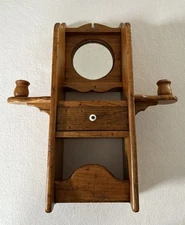 VTG WOOD SHAVING STAND/VANITY MIRROR DRAWER STORAGE CANDLE HOLDER RUSTIC