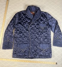     Vintage Mei Shin Quilted Smoking Jacket   Navy Satin Robe w/ Gold Trim    