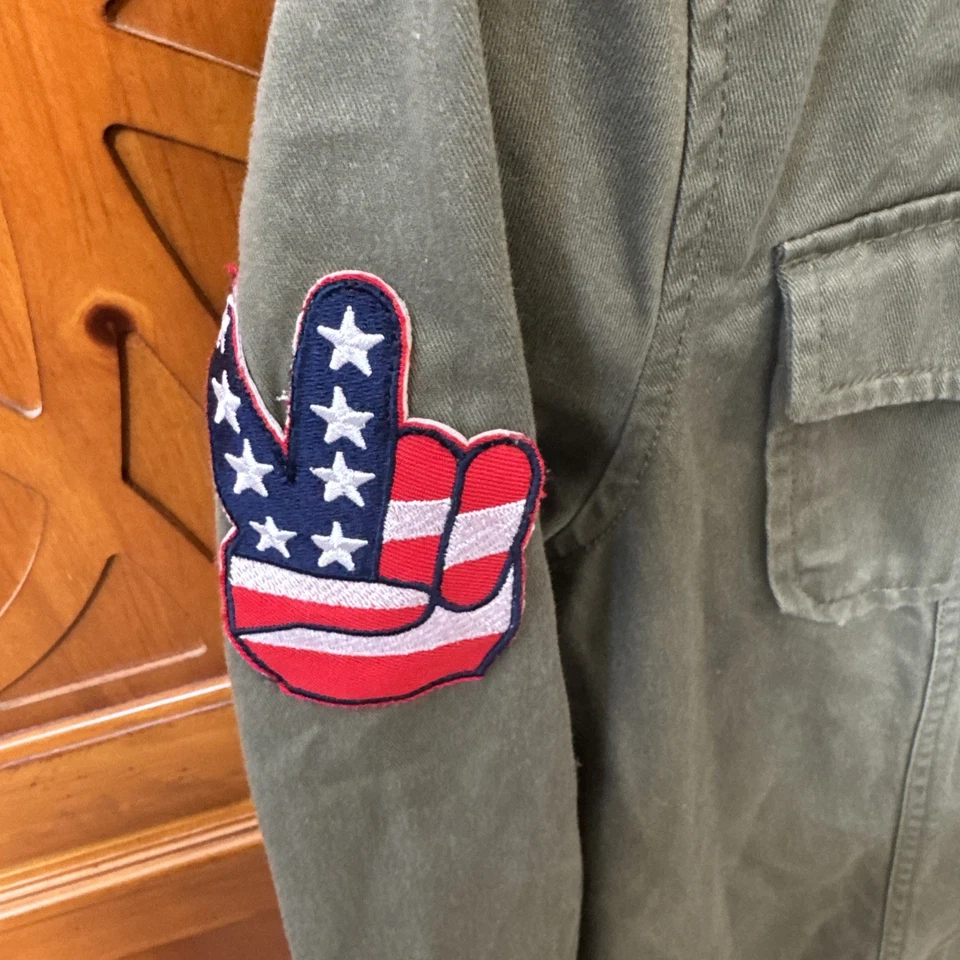 Chaqueta Hippie Comida Chatarra Militar Verde EE. UU. Signo de Paz Amor Talla L Grande Foto 4 de 4