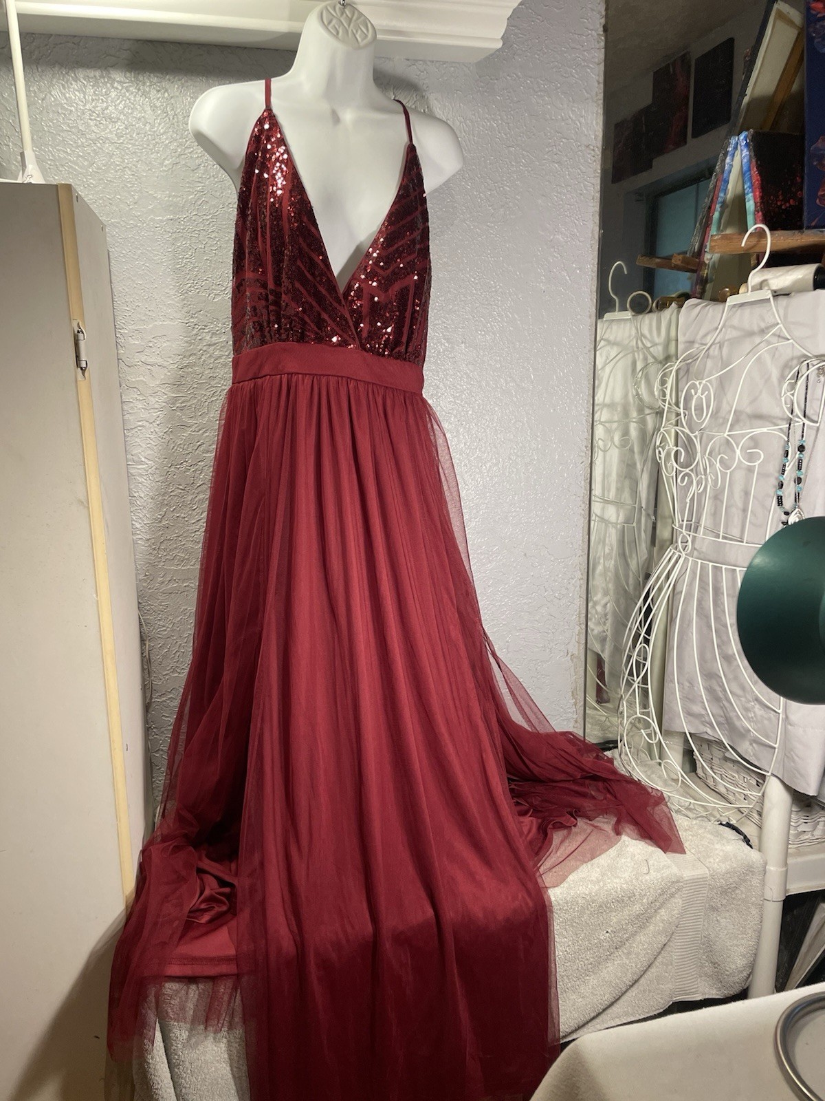 Burgundy Tulle Sequined High Waist Sleeveless Evening Dress XXL Prom Formal
