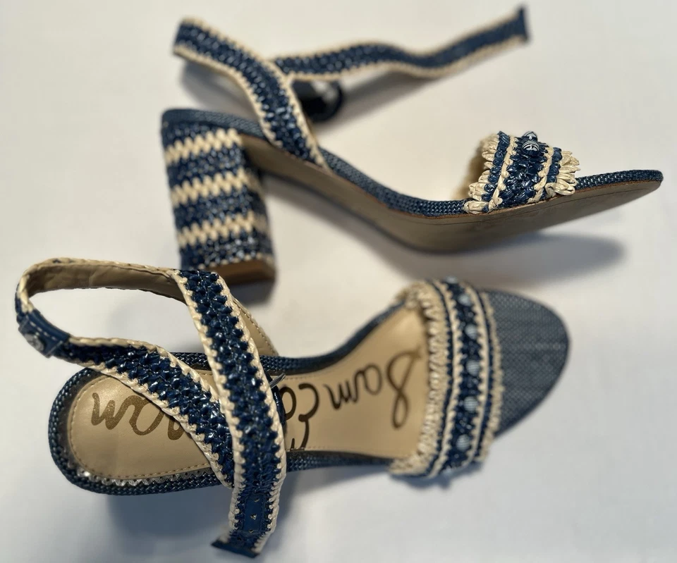 Correa de tobillo Sam Edelman Olisa Rafia tacón bloque para mujer talla 9,5 azul boho chic Foto 2 de 4