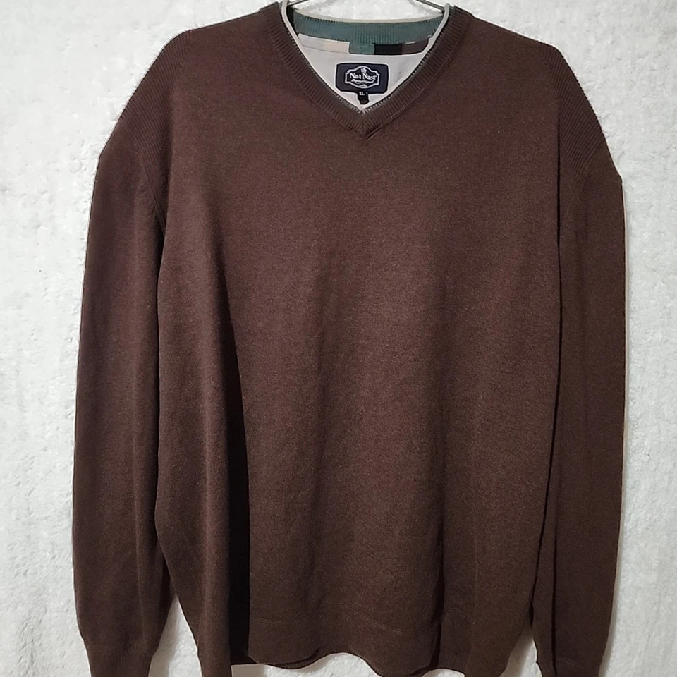 Suéter Pullover Manga Larga Nat Nast Hombres XL Marrón Cuello en V Algodón Nylon Cachemira Foto 2 de 4