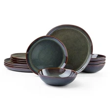  Plates and Bowls Set, Stoneware Dinnerware Sets, 12-Piece Hand-painted Dish 