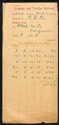 1899 Virginia & Truckee Railroad / Utah Mining Co. Lumber Waybill