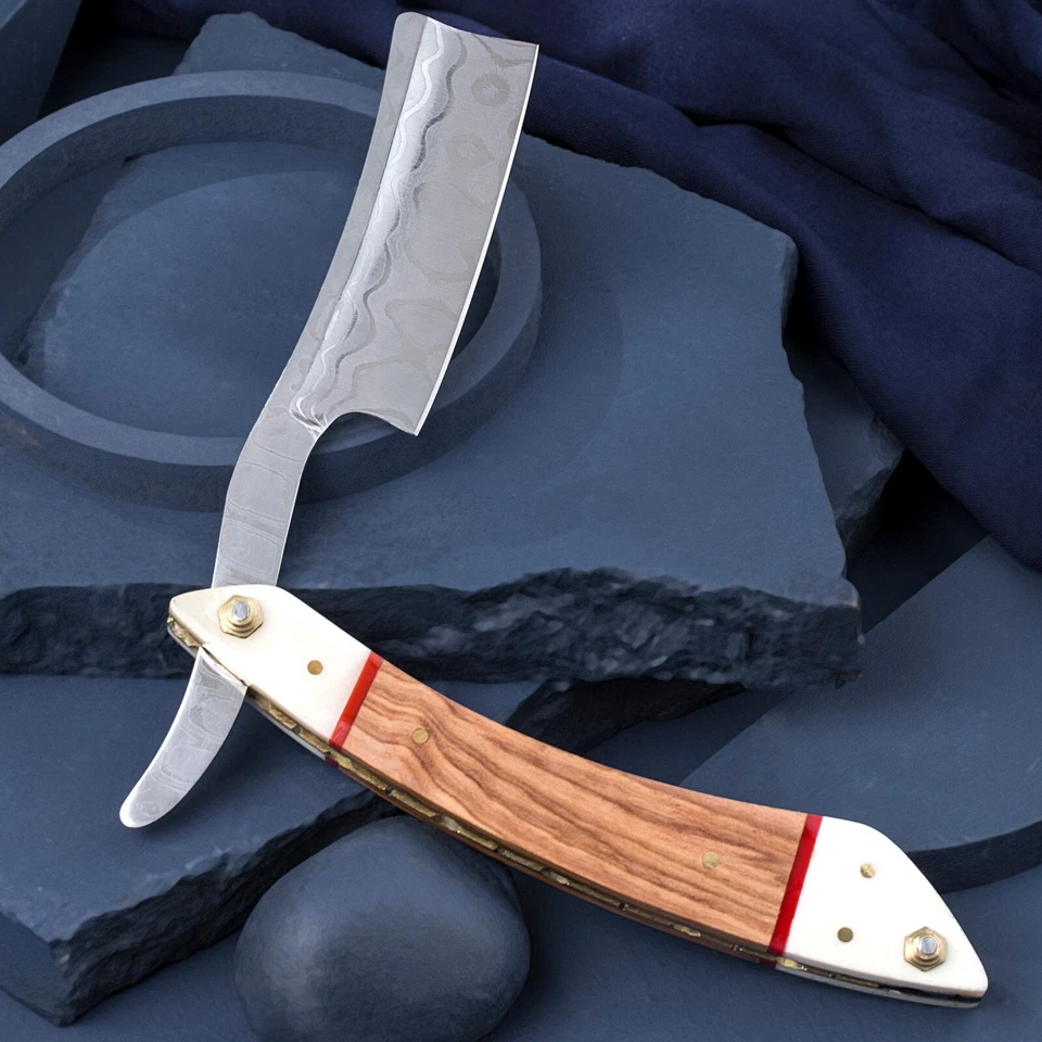 Maquinilla de afeitar recta Damasco de acero inoxidable para hombre barbero afeitado mango de madera Foto 2 de 4