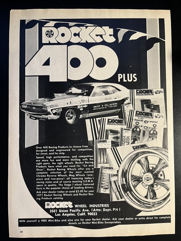 Vintage 1971 Rocket 400 Wheels Ad, Don Carlton, "Billy the Kid" HEMI Challenger