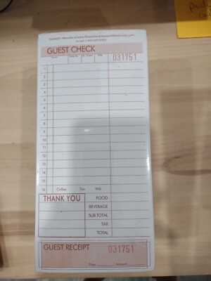 Guest Check Pads Receipt Books 1750  Checks/Pad Invoice Stub  3 Part 