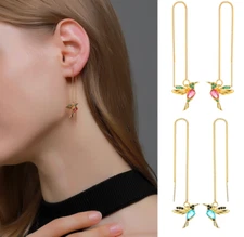 Women Girl Gold Tone Drop Hummingbird Bird CZ Earrings Stud Threader Dangle S6