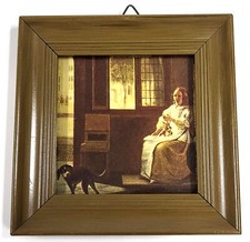 Vintage Encadré Hollandais Art Imprimé – Femme Avec Chien Scène – 6 " Mural
