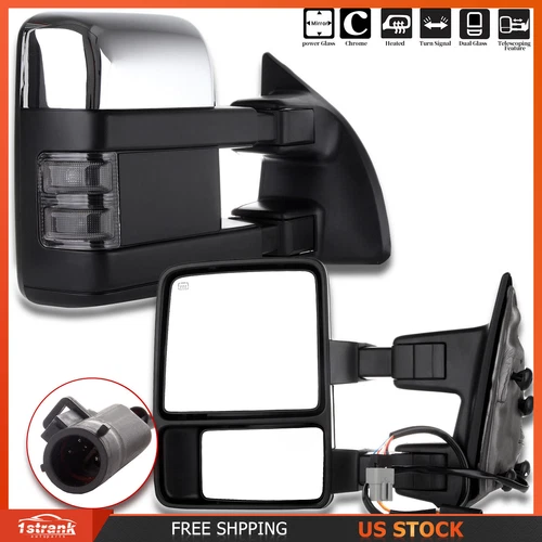 For 99-07 Ford F250-F550 Super Duty Chrome Power Heated Tow Mirrors Smoke Signal