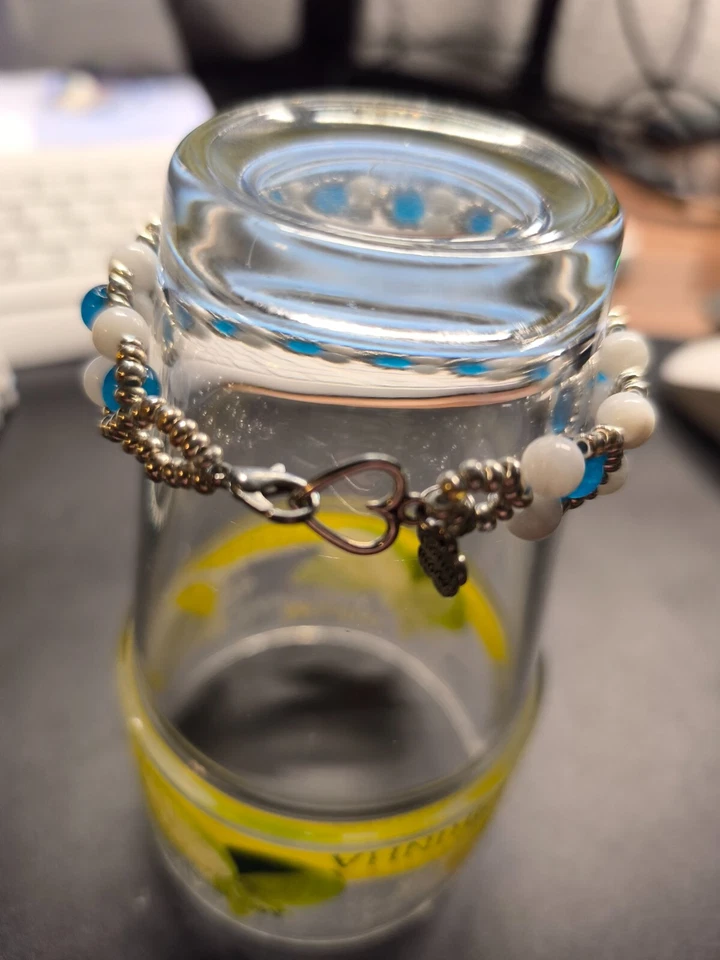 Armband Perlmutt, Apatit, Glasperlen in Weiß/Blau/Silber, Karabinerverschluss - Bild 2 von 2