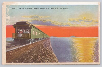 Vtg Post Card-Overland Limited Crossing Great Salt Lake, Utah at Sunset- B137