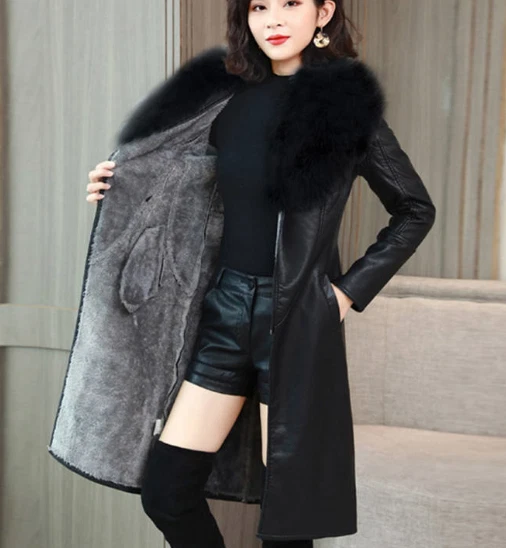 Abrigos de cuero PU para mujer cuello de piel sintética chaqueta de longitud media informal ajustados elegantes cálidos Foto 3 de 4