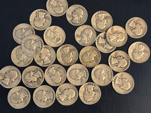 27 Silver Washington Quarters from old circulated roll 1940's and 1950's