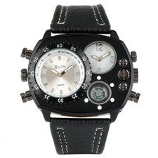 Top OULM Watch Men Quartz Wristwatch Leather Band Military Sports Dual Time Zone