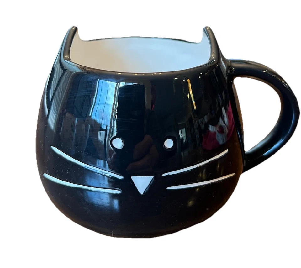 TAG Taza de café gato negro, taza de té, bigotes blancos ¡ojos y nariz! Halloween ~ Usado en Excelente Condición Foto 2 de 4