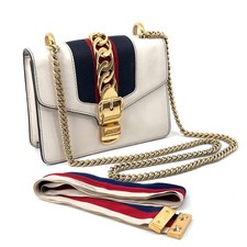 GUCCI Shoulder Bag  Silvi Sherry Line Gold Chain Ribbon White Made In ITALY