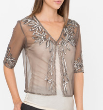 Shrug Bolero Jacket for Dresses - Bead and Sequin Sparkle Top Silver M UK 10-12